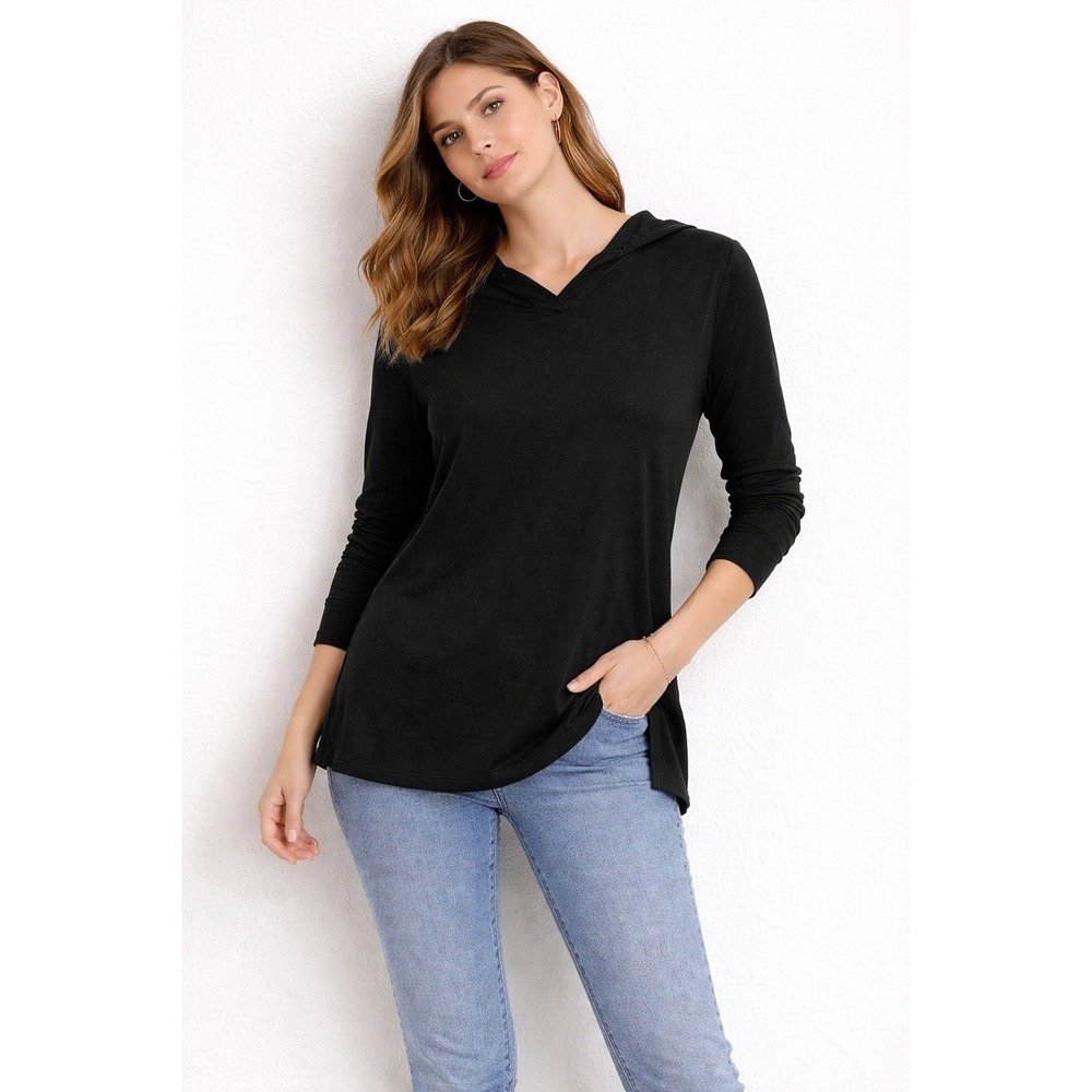 Avia Womens Black Lightweight Hooded Pullover Long Sleeve V-Neck Top Size S 4-6